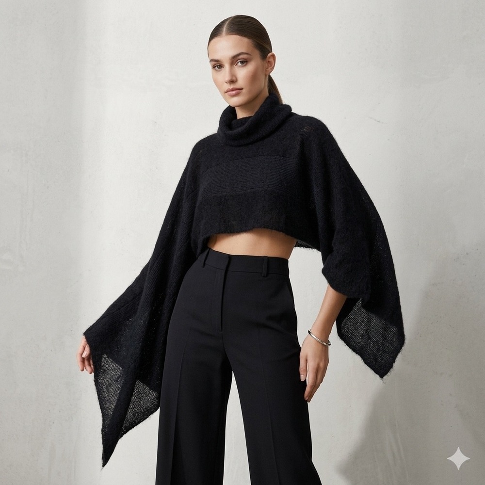 Sarah Pacini Black Mohair Merino Wool Cropped Cowl Neck Cozy Sweater One Size